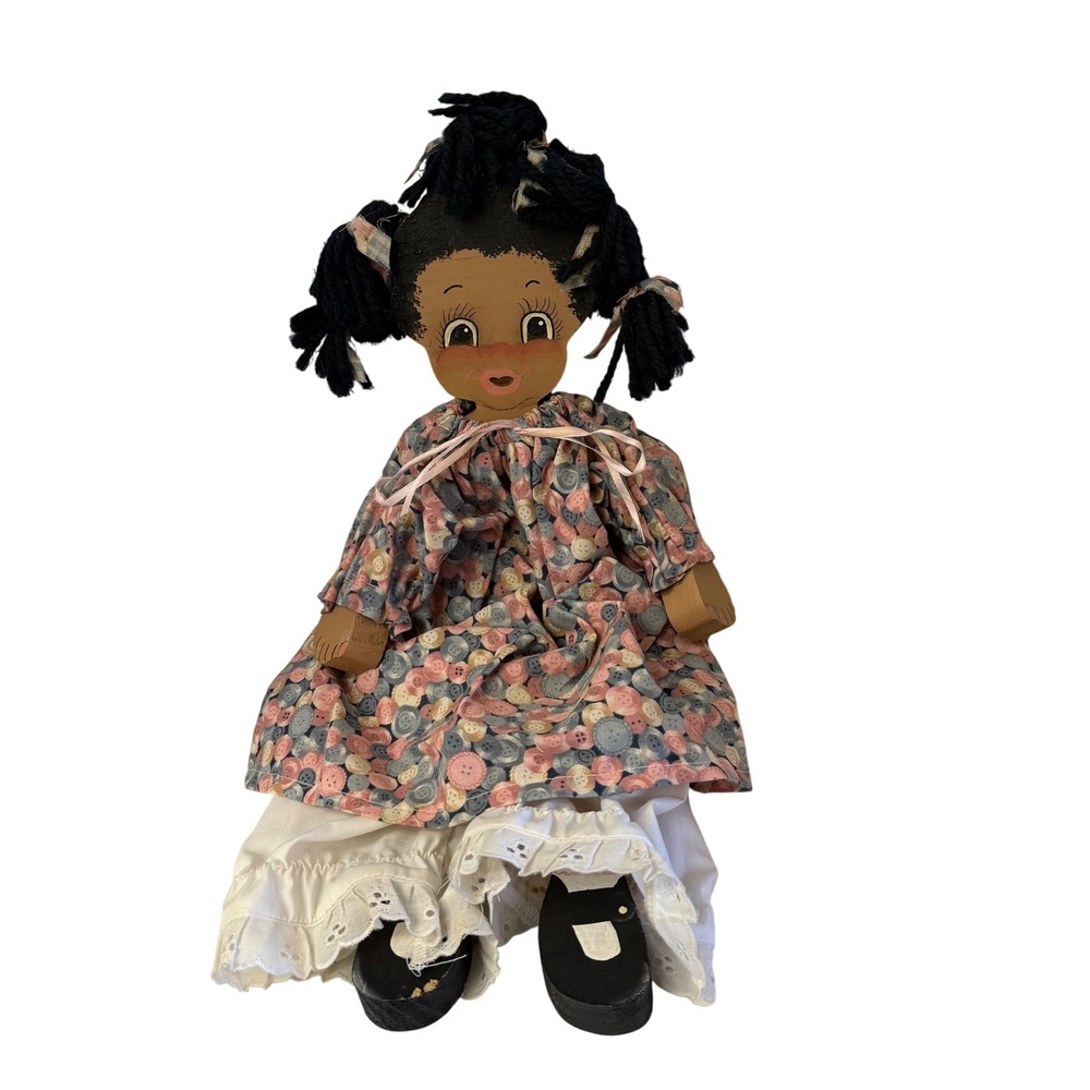 Vintage Folk Art Rag Doll Button Dress Black Hair Cute Face